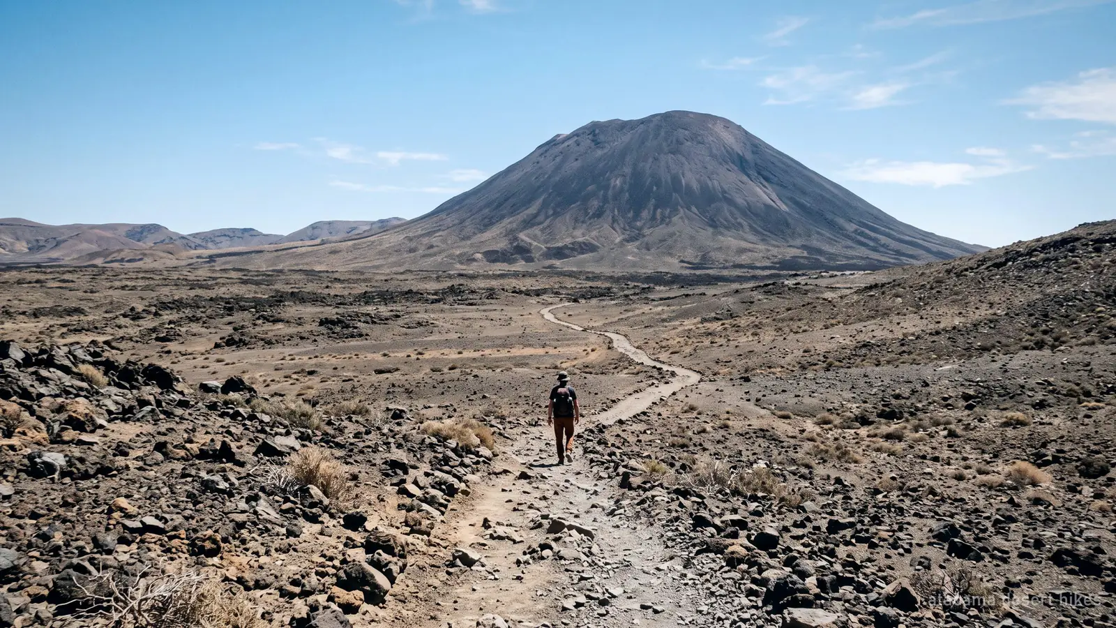 A single walker on a stony desert path with a volcanic cone rising in the distance