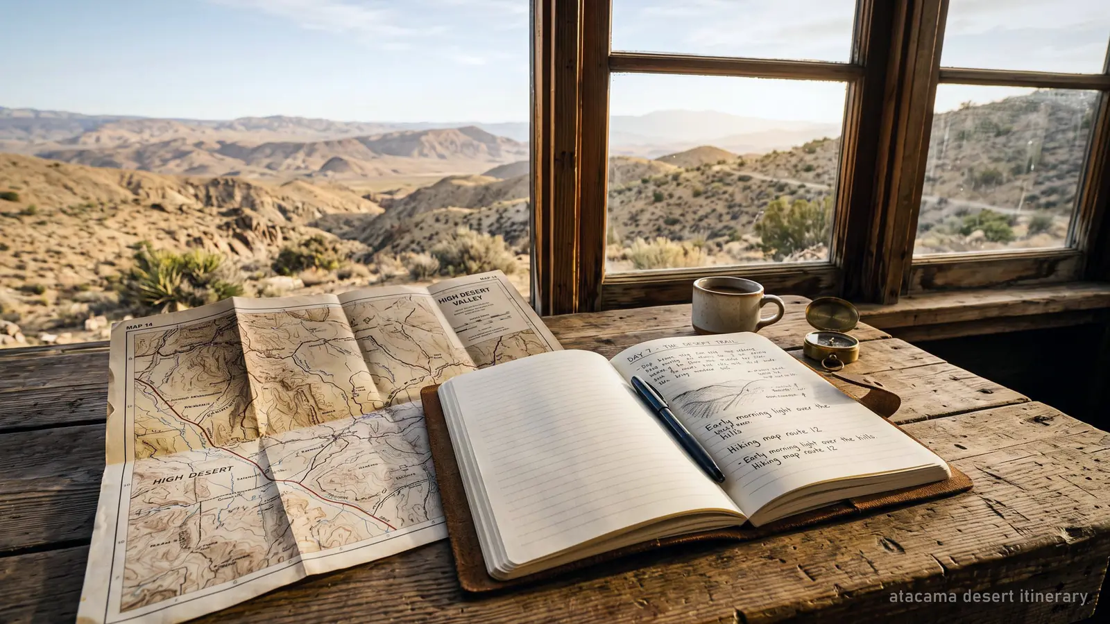 A notebook and a folded map on a table beside a window looking out on desert hills