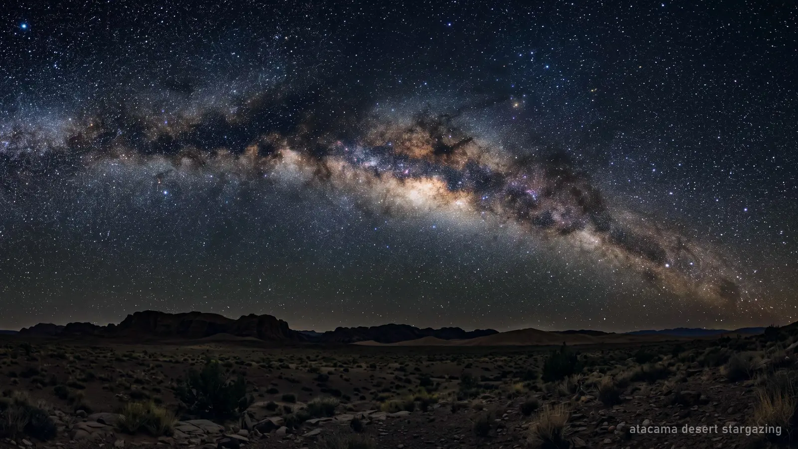 A dense field of stars over a dark desert horizon, with the Milky Way running overhead