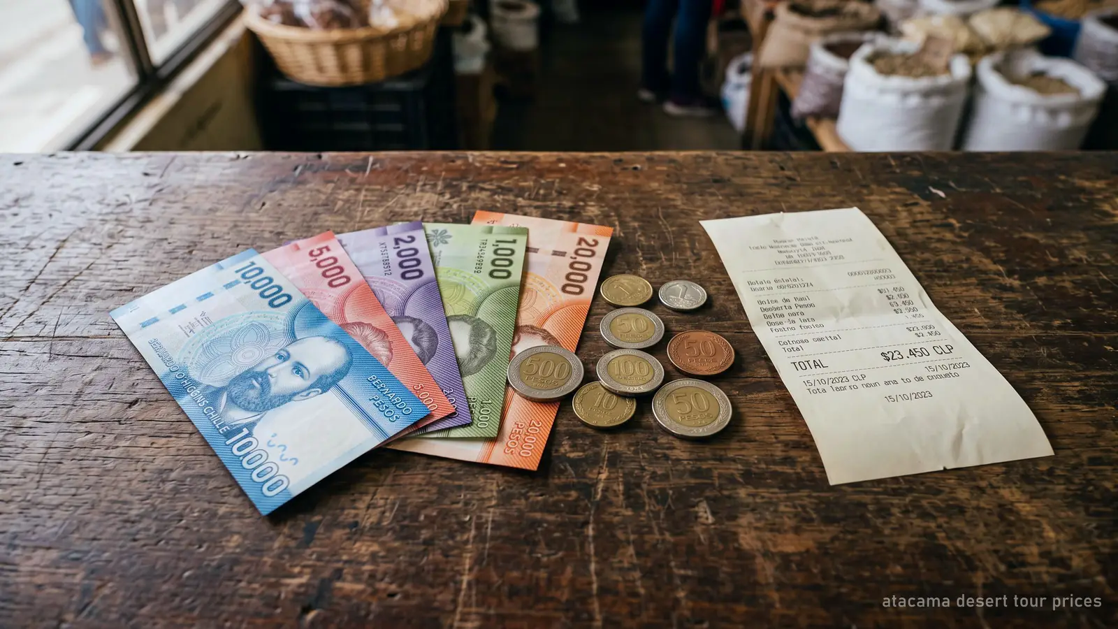 Chilean peso banknotes and coins fanned out on a wooden counter