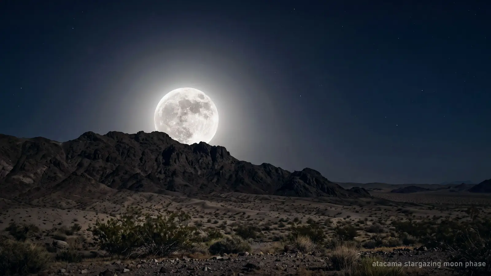 A bright moon low over a dark desert ridge, washing out the surrounding stars