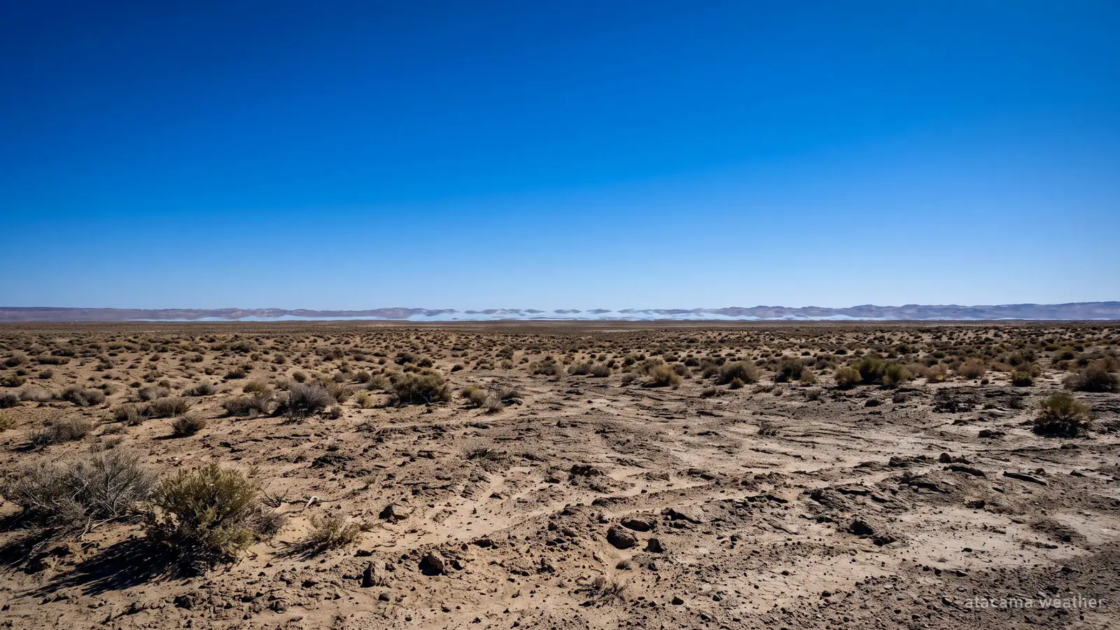 A cloudless sky over a bare desert plain with heat shimmer on the horizon