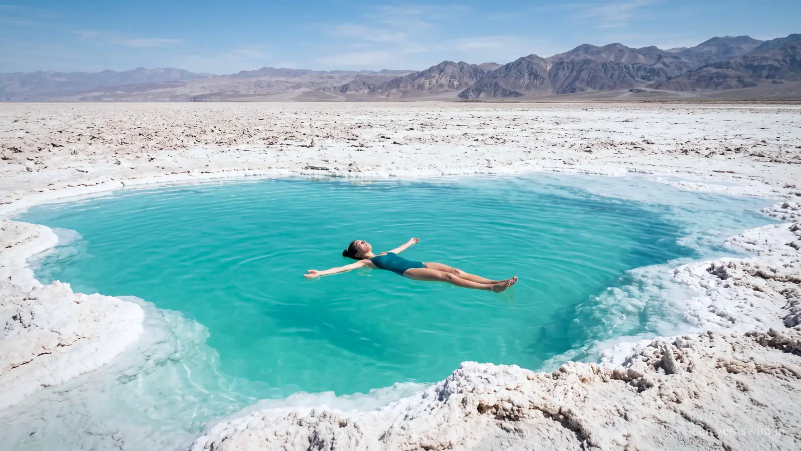 A person floating motionless on their back in dense turquoise brine ringed with white salt