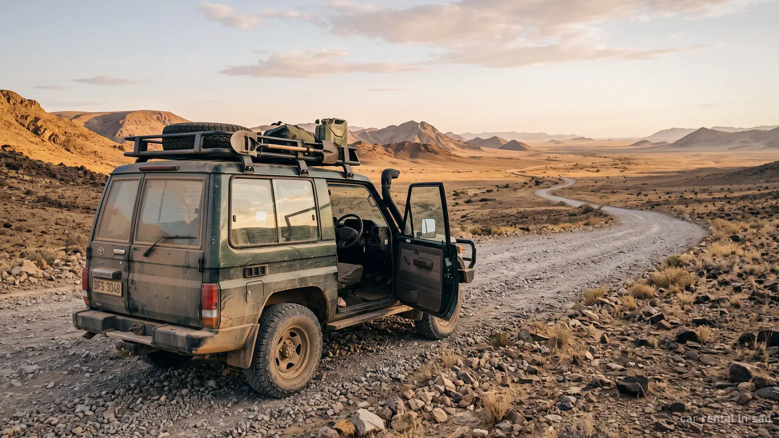 A dusty four-wheel-drive parked at the edge of a gravel desert road