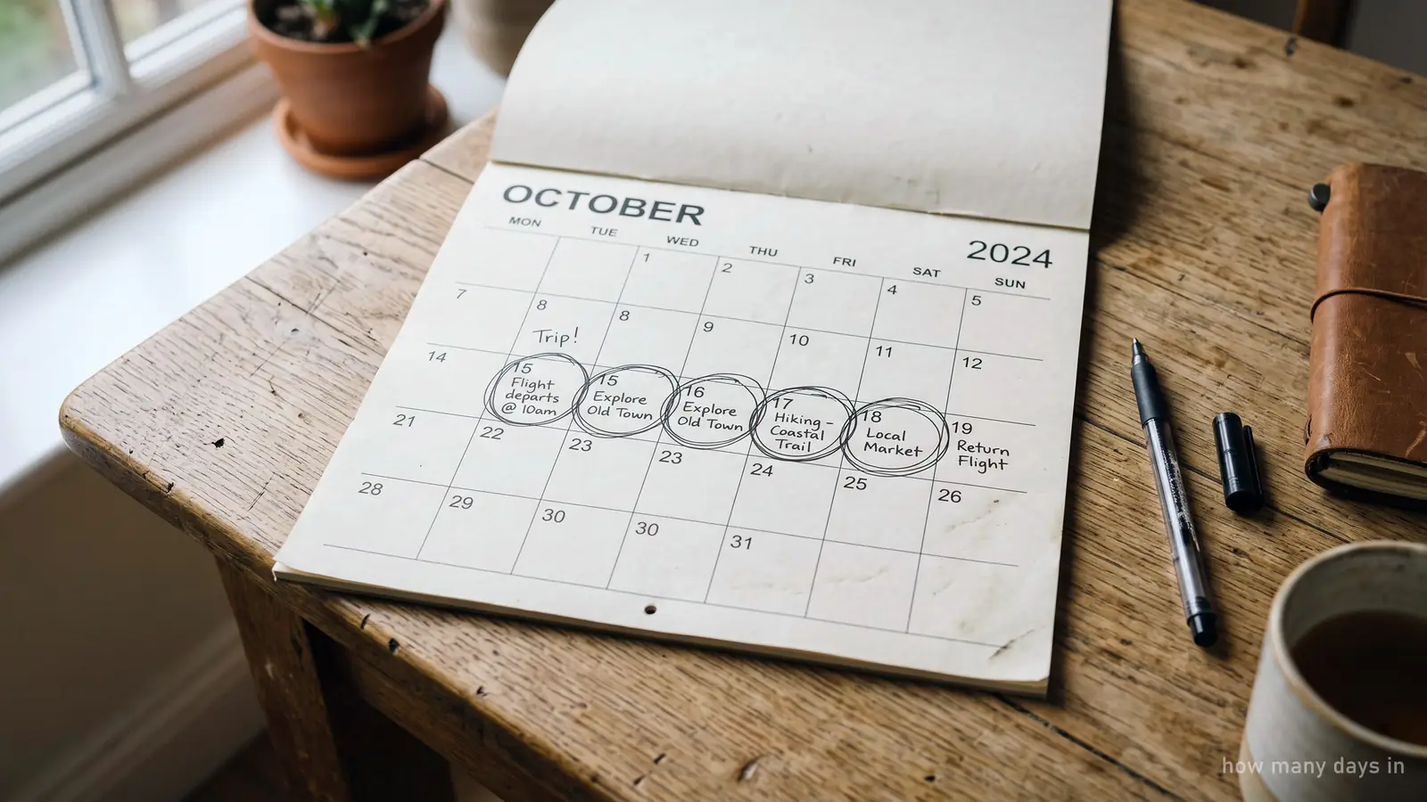 A wall calendar with several consecutive days circled, lying on a wooden table