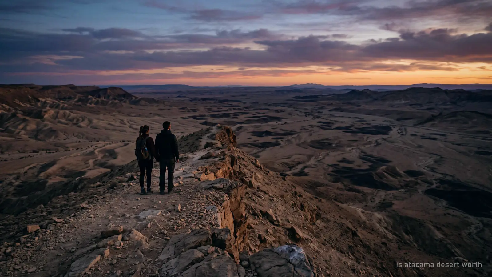 Two people standing on a ridge looking out over an empty desert basin at dusk