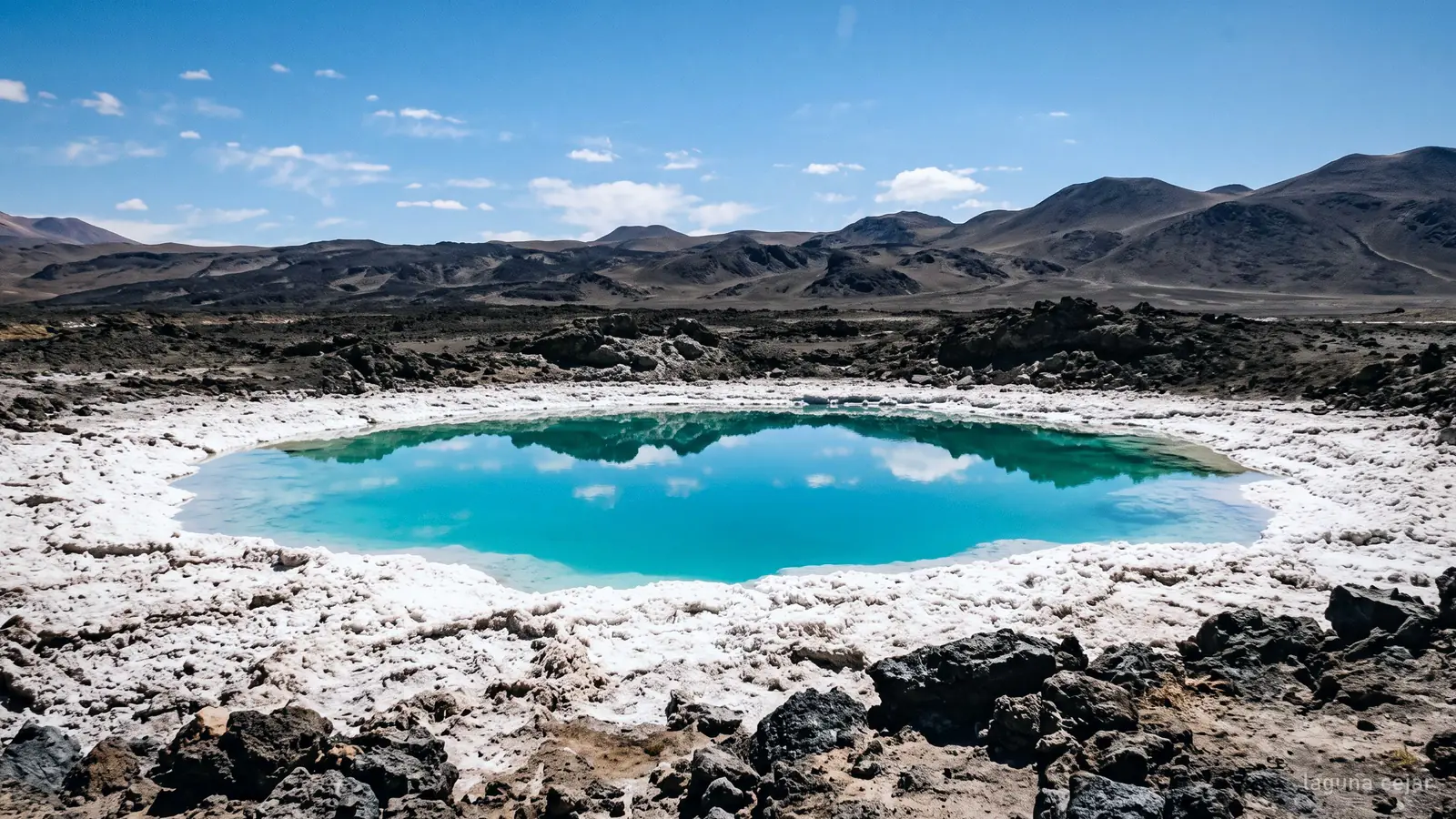 A turquoise brine lagoon rimmed with white salt crust under a hard blue sky