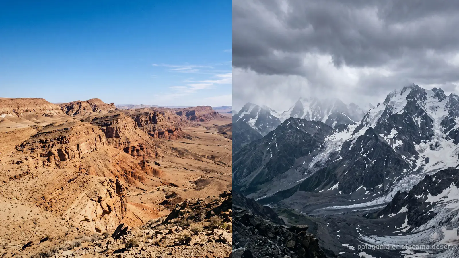 A split landscape: dry desert ridges on one side, a glaciated mountain range on the other