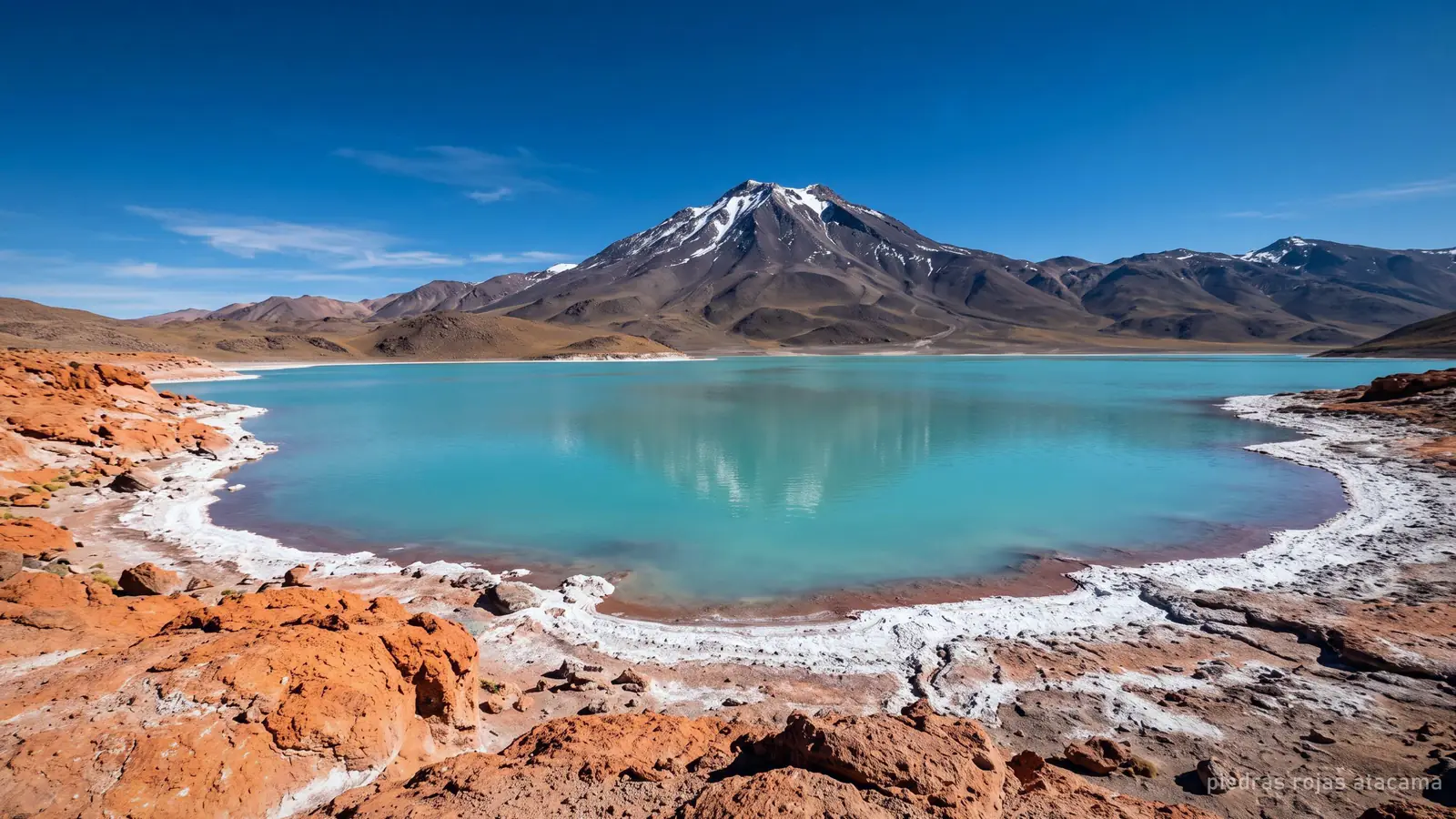 A turquoise high-altitude lagoon with rust-red mineral rocks along its shore and a volcano behind