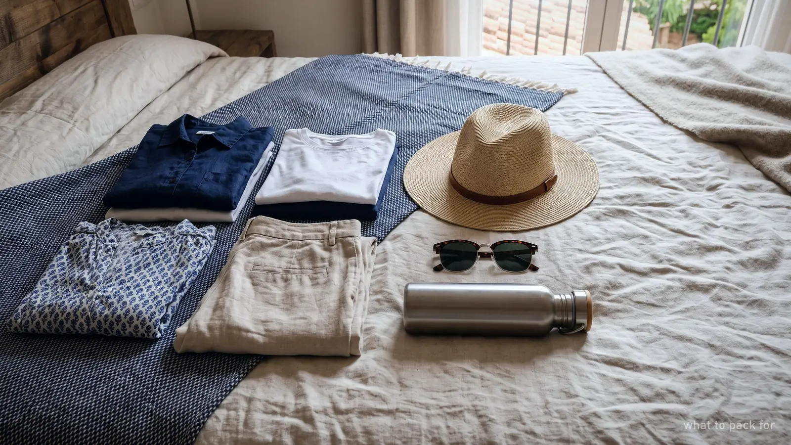 Folded layers of clothing, a wide-brimmed hat and a water bottle laid out on a bed